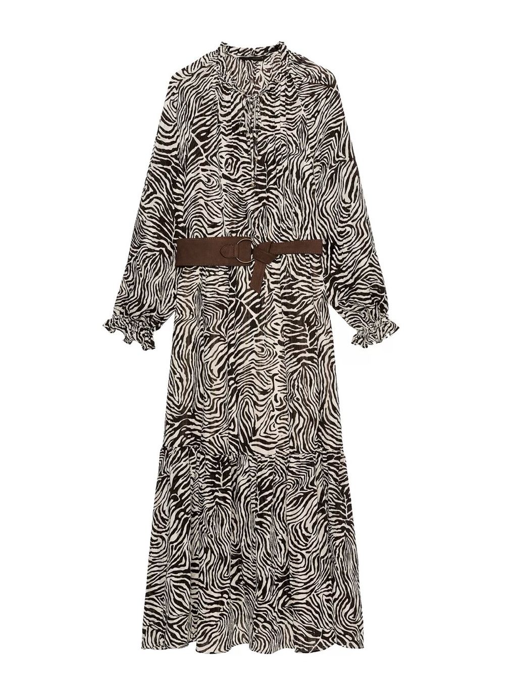 Zara Black and White Zebra Print Maxi Dress with Brown Belt